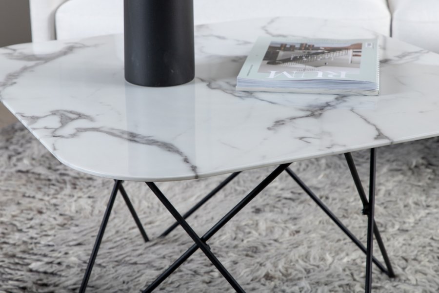 VENTURE DESIGN Tristar salongbord, firkantet - hvitmarmorert glass og svart stl (80x80)