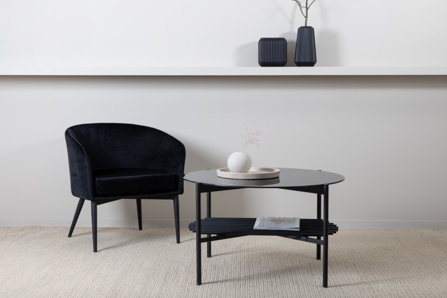 VENTURE DESIGN Von Staf salongbord, m. hylle - svart marmorglass og sort stl (80)