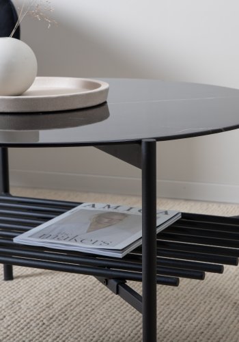 VENTURE DESIGN Von Staf salongbord, m. hylle - svart marmorglass og sort stl (80)