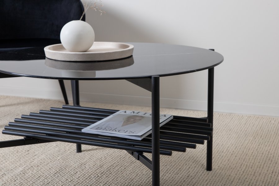 VENTURE DESIGN Von Staf salongbord, m. hylle - svart marmorglass og sort stl (80)