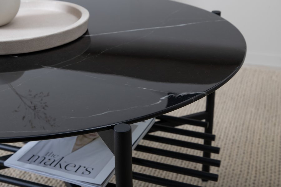 VENTURE DESIGN Von Staf salongbord, m. hylle - svart marmorglass og sort stl (80)