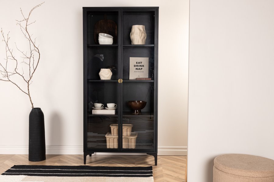 VENTURE DESIGN Piring vitrineskap, m. 2 drer og 3 hyller - glass og sort stl (H:190)