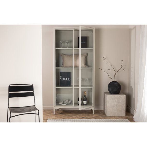 Piring vitrineskab, m. 2 l�ger og 3 hylder - glas og beige st�l (H:190)