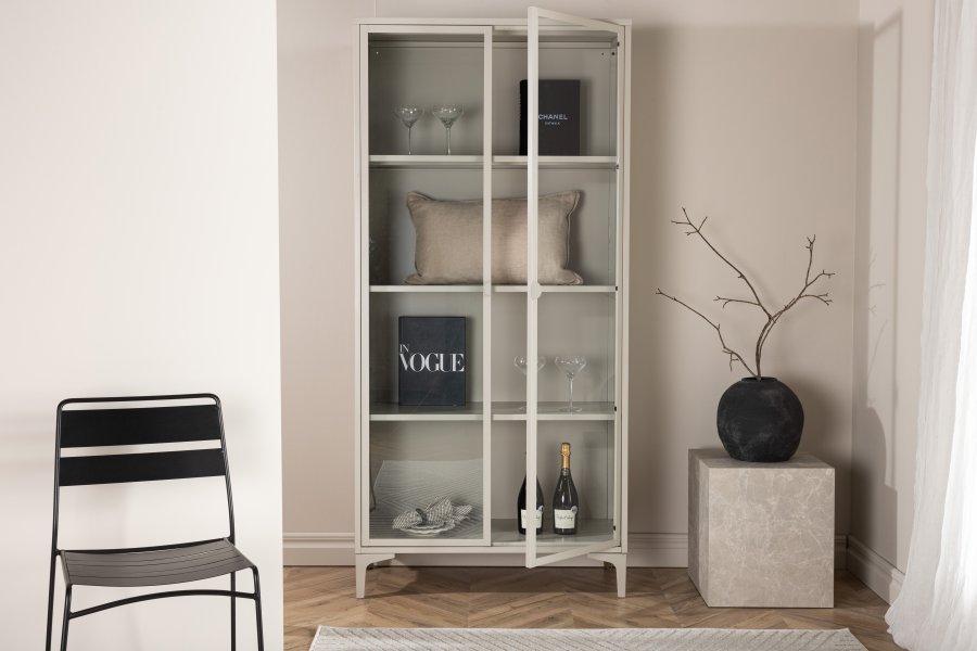 VENTURE DESIGN Piring vitrineskap, m. 2 drer og 3 hyller - glass og beige stl (H:190)