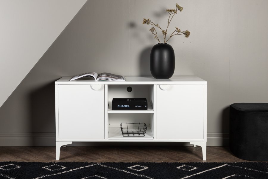 VENTURE DESIGN Piring TV-bord, m. 2 drer og 3 hyller - hvitt stl (120x40)