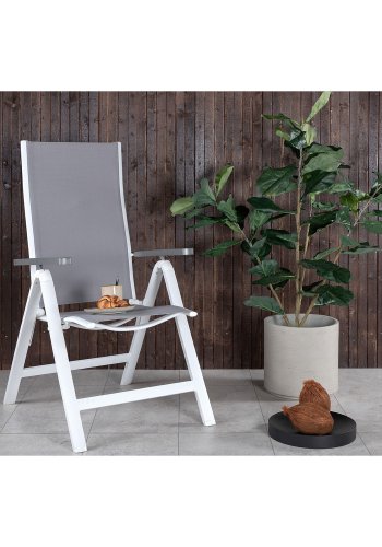 VENTURE DESIGN Albany Light 5-Positionen-Gartenstuhl mit Armlehnen – graues Textilene und Aintwood, weißes Aluminium