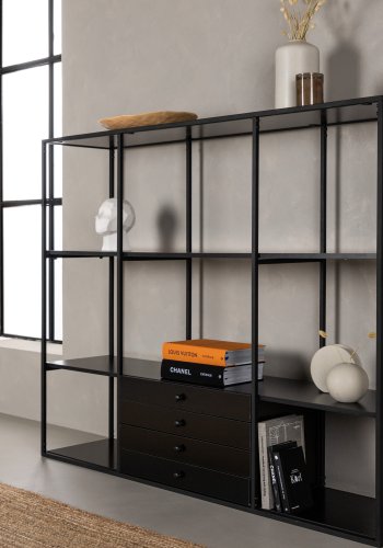 VENTURE DESIGN Amaraillo bokhylle, m. 4 skuffer - svart MDF og sort stl (H:120)