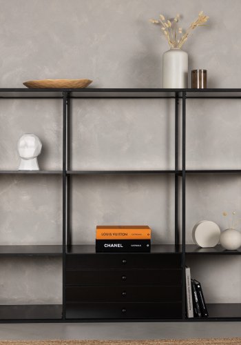 VENTURE DESIGN Amaraillo bokhylle, m. 4 skuffer - svart MDF og sort stl (H:120)