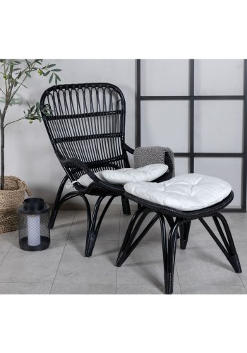 VENTURE DESIGN Ella Ftölj, med Fotpall och Dyna - Benvit Polyester och Svart Bambu / Rotting