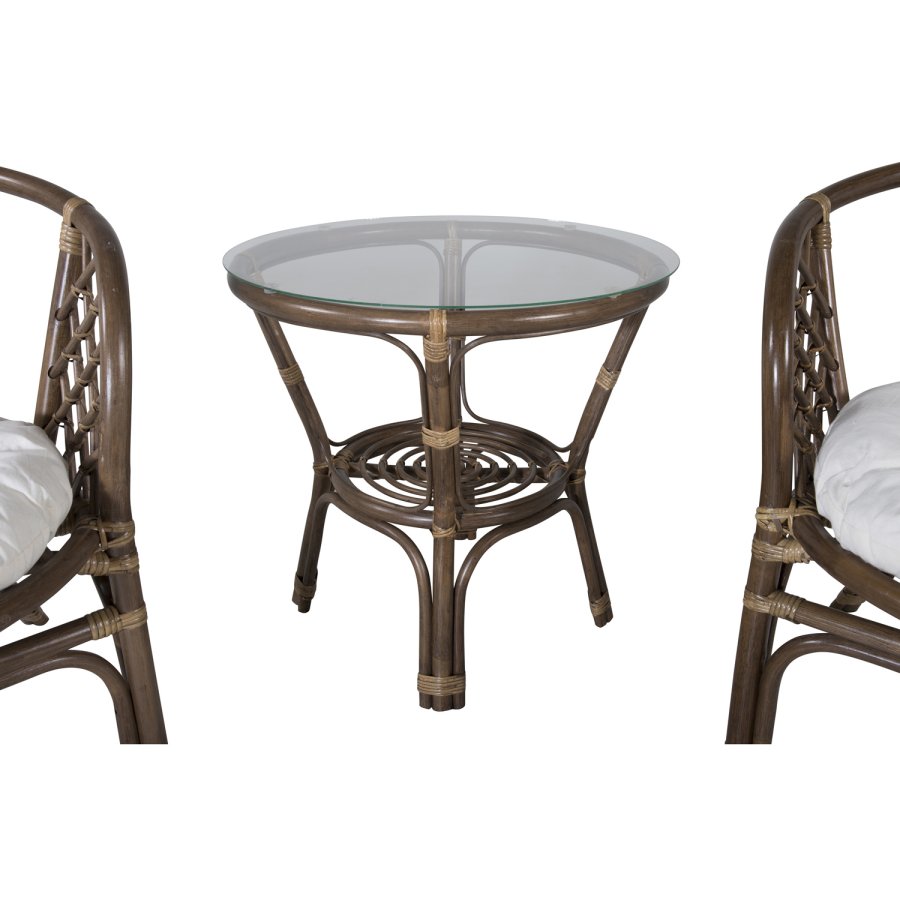 VENTURE DESIGN Wera loungest, m. 2 havestole og 1 havebord - offwhite hynder, glas og brun rattan