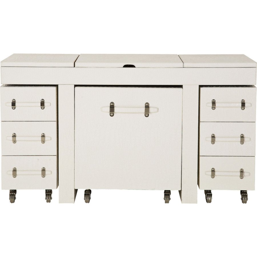 KARE DESIGN Diva Croco White Schminktisch - weiße Lederoptik, mit Stuhl, 6 Schubladen, Spiegel und +10 Fächern