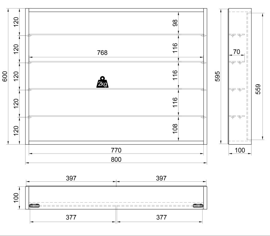 Mandosa L veggskap, m. 2 drer og 4 hyller - glass og sort tre