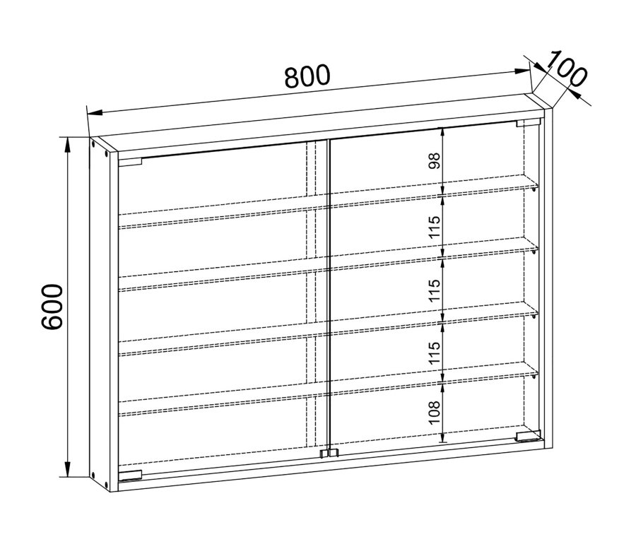 Mandosa L veggskap, m. 2 drer og 4 hyller - glass og sort tre