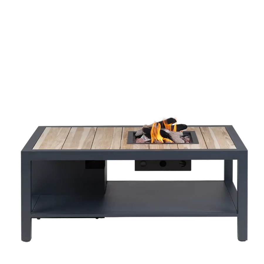 COSI FIRES Cosiflow gerader Feuertisch, rechteckig – natürliches Teakholz und anthrazitgraues Aluminium (120 x 80)