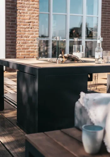 COSI FIRES Cosiflow gerader Feuertisch, rechteckig – natürliches Teakholz und anthrazitgraues Aluminium (120 x 80)