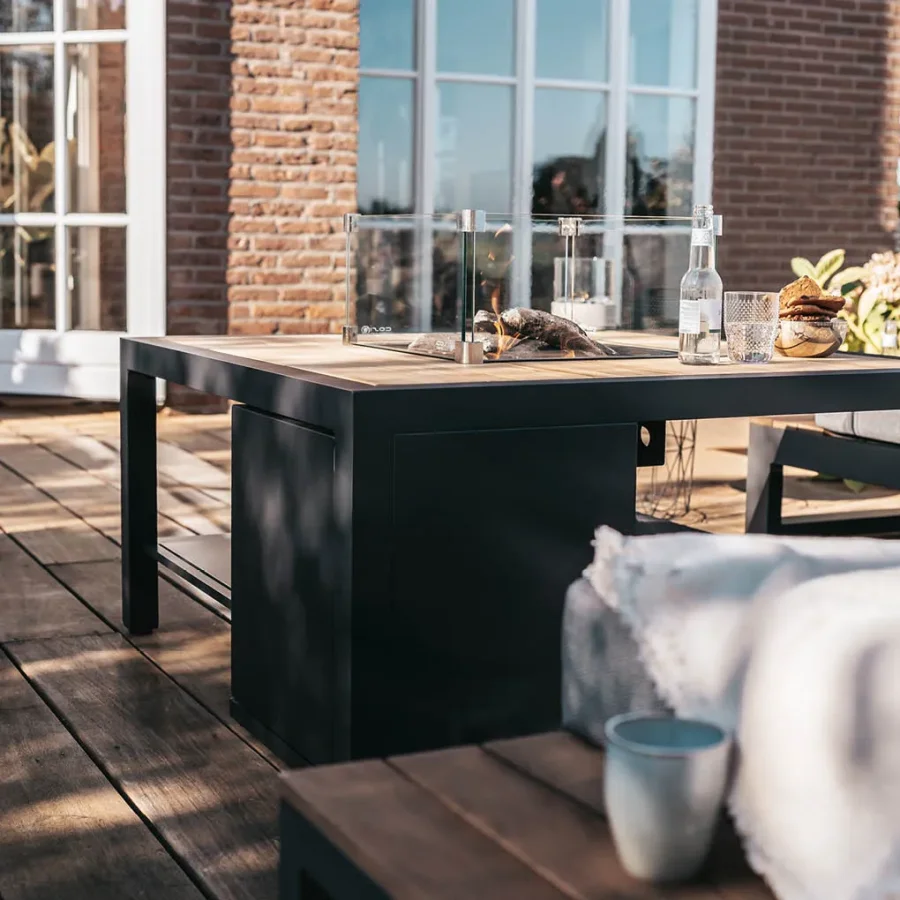 COSI FIRES Cosiflow gerader Feuertisch, rechteckig – natürliches Teakholz und anthrazitgraues Aluminium (120 x 80)