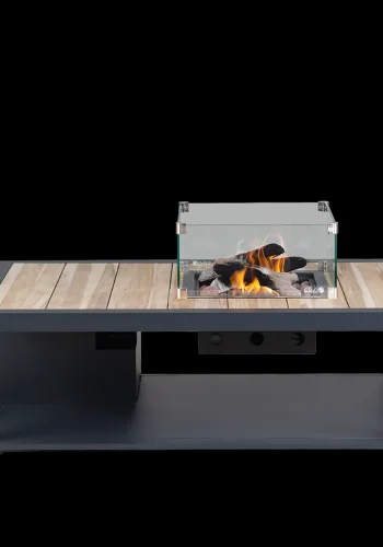 COSI FIRES Cosiflow gerader Feuertisch, rechteckig – natürliches Teakholz und anthrazitgraues Aluminium (120 x 80)