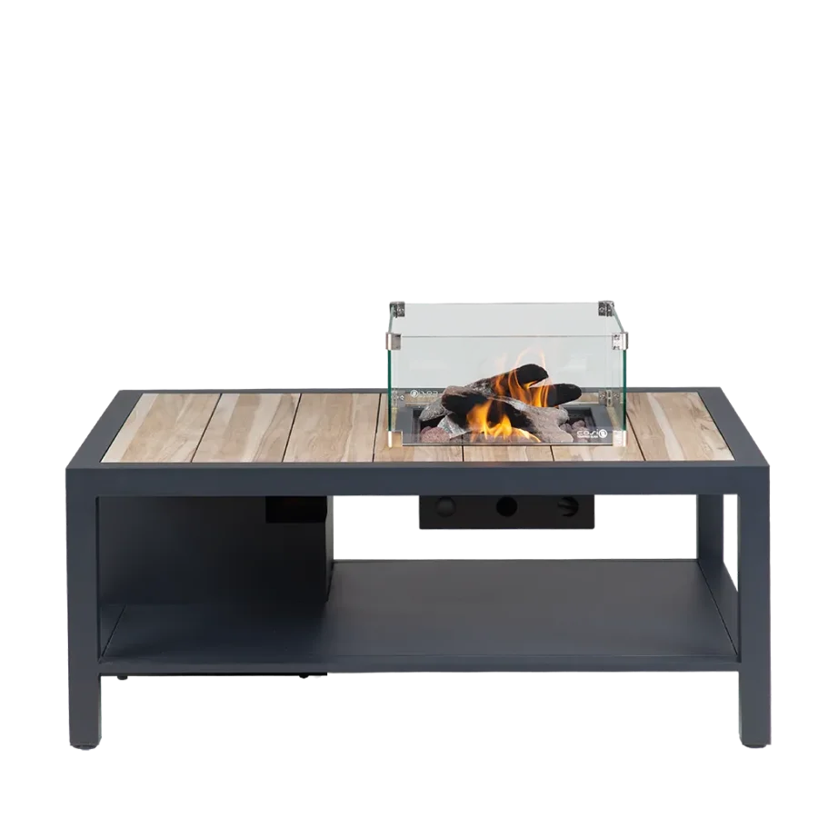 COSI FIRES Cosiflow gerader Feuertisch, rechteckig – natürliches Teakholz und anthrazitgraues Aluminium (120 x 80)