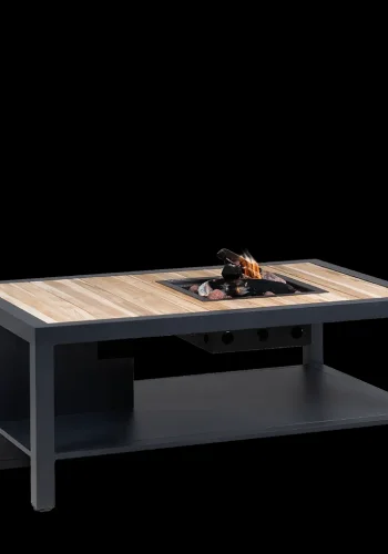 COSI FIRES Cosiflow gerader Feuertisch, rechteckig – natürliches Teakholz und anthrazitgraues Aluminium (120 x 80)