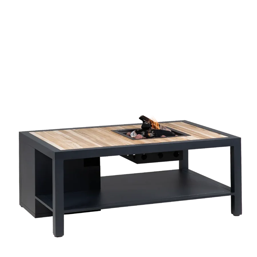 COSI FIRES Cosiflow gerader Feuertisch, rechteckig – natürliches Teakholz und anthrazitgraues Aluminium (120 x 80)