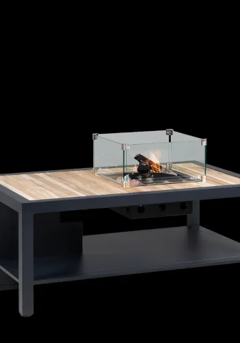 COSI FIRES Cosiflow gerader Feuertisch, rechteckig – natürliches Teakholz und anthrazitgraues Aluminium (120 x 80)