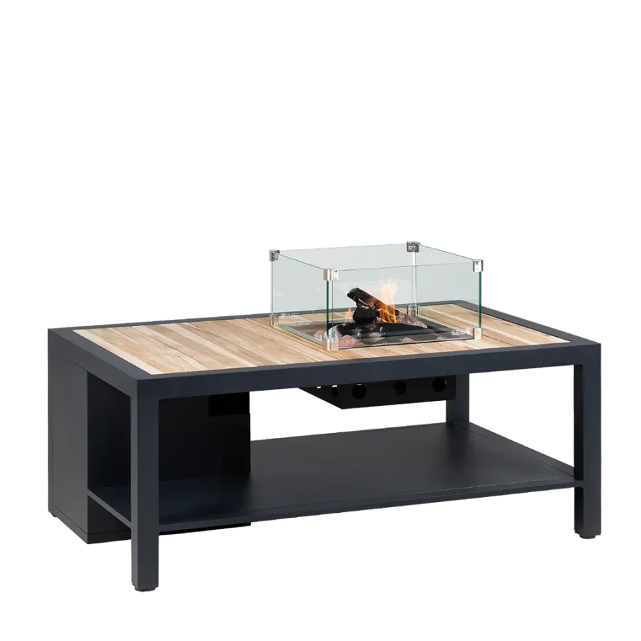 COSI FIRES Cosiflow gerader Feuertisch, rechteckig – natürliches Teakholz und anthrazitgraues Aluminium (120 x 80)