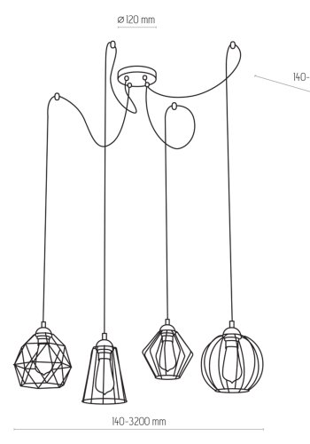 TK Galaxy Spider loftlampe, m. 4 skjermer - kobber og svart metall
