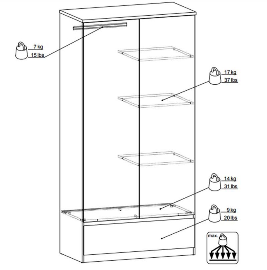 TVILUM Naia Kleiderschrank - weißes Hochglanzholz, mit 2 Türen und 1 Schublade