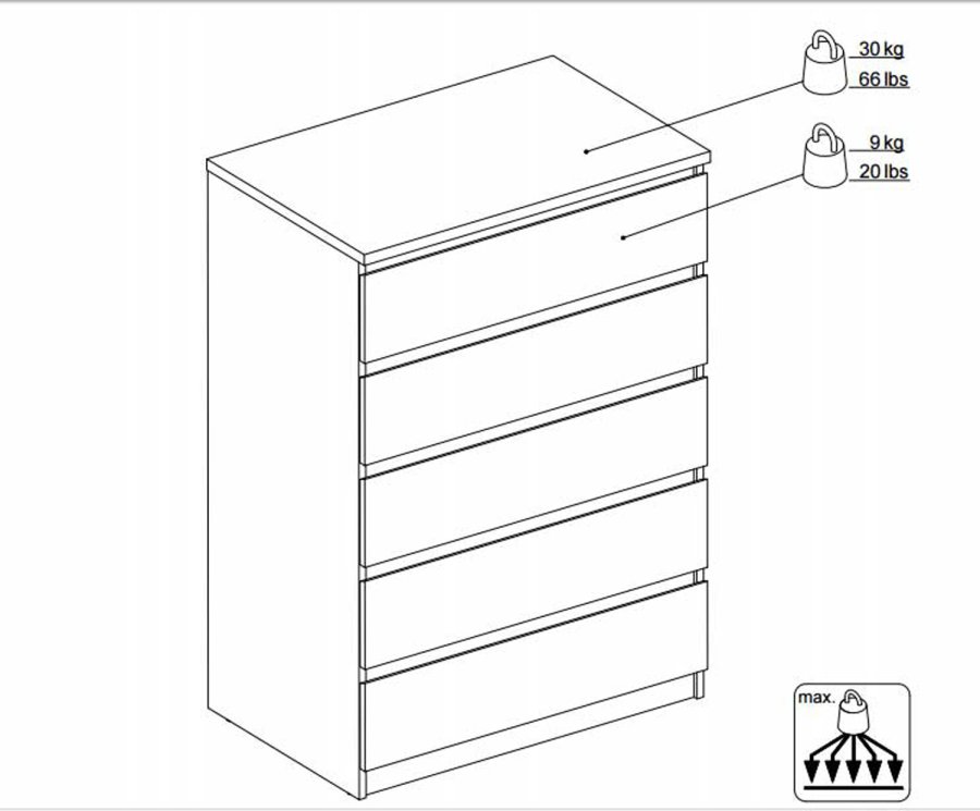 TWILUM Naia kommode - hvit hyglans tre, m. 5 skuffer