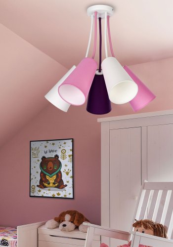 TK Wire barnelampe, m. 5 skjermer - flerfarget stoff og hvitt metall