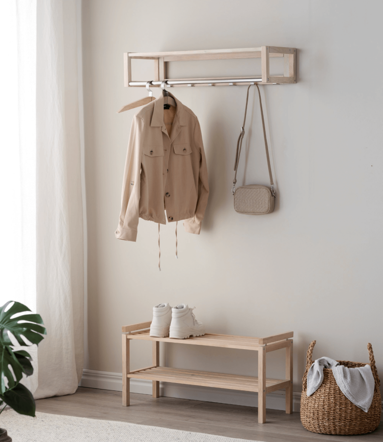 ROWICO rektangulr Confetti hattehylde m. 6 kroge -  hvidvasket eg og metal (80cm) 