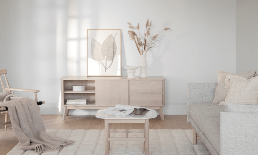 ROWICO Yumi TV-bord - hvitpigmentert eik, 2 skuffer, 1 hylle, 1 dr 