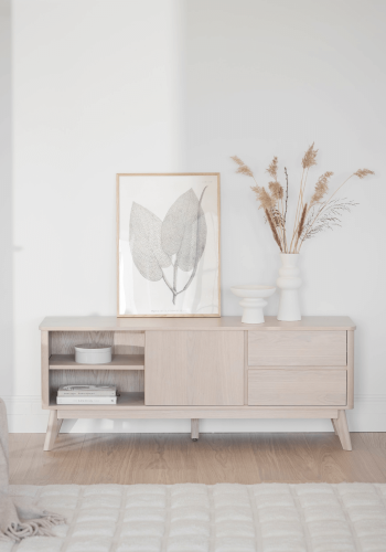 ROWICO Yumi TV-bord - hvitpigmentert eik, 2 skuffer, 1 hylle, 1 dr 