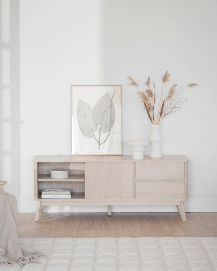 ROWICO Yumi TV-bord - hvitpigmentert eik, 2 skuffer, 1 hylle, 1 dr 