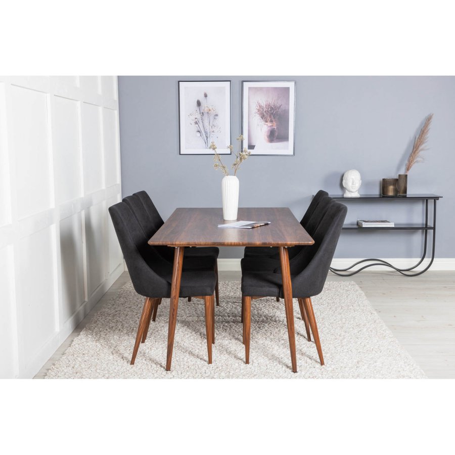 VENTURE DESIGN Leone spisebordsstol, med armlener - svart polyester og valntt foliemetall