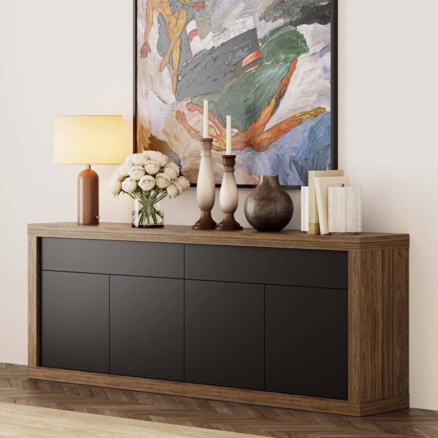 TEMAHOME Karl Skjenk - Valn�tt og sort, 4 d�rer og 2 skuffer, 245 cm