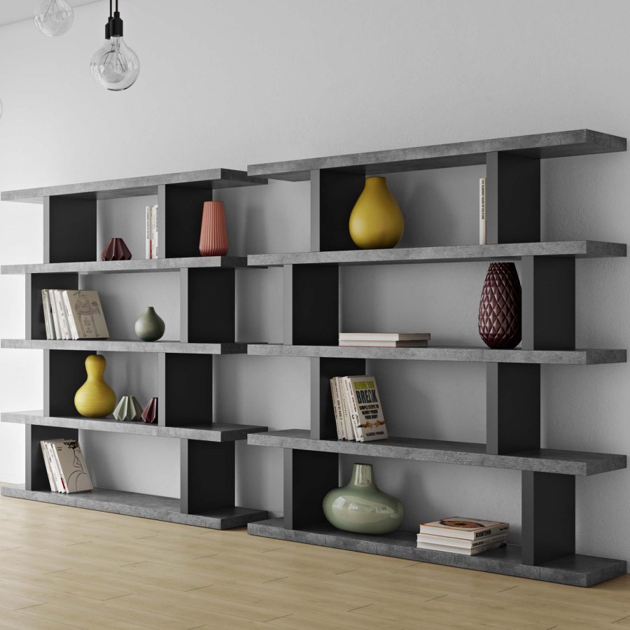 TEMAHOME Step Bokhylla H&ouml;g - Betonglook och svart - 163x172 cm
