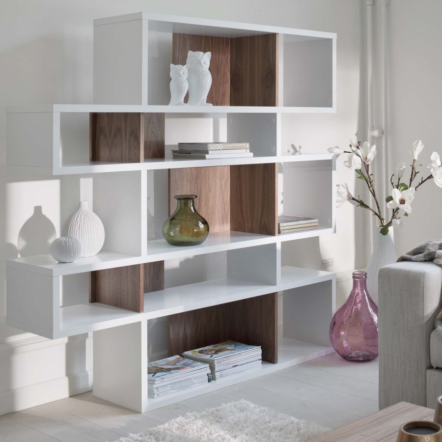 TEMAHOME London Bokhylla 002 - Vit lack och valn&ouml;tsfaner, 156x160x34 cm