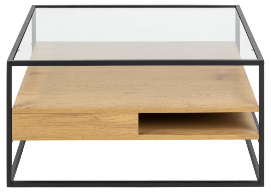 ACT NORDIC Randolf Couchtisch, mit 2 Ablagen - Klarglas, Melamin Wildeiche natur, mattschwarzer Stahl (80x80)