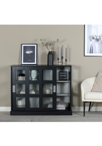 VENTURE DESIGN Ls Lav skjenk, m. 2 skyvedrer - glass, lys gr og svart MDF (120x40)