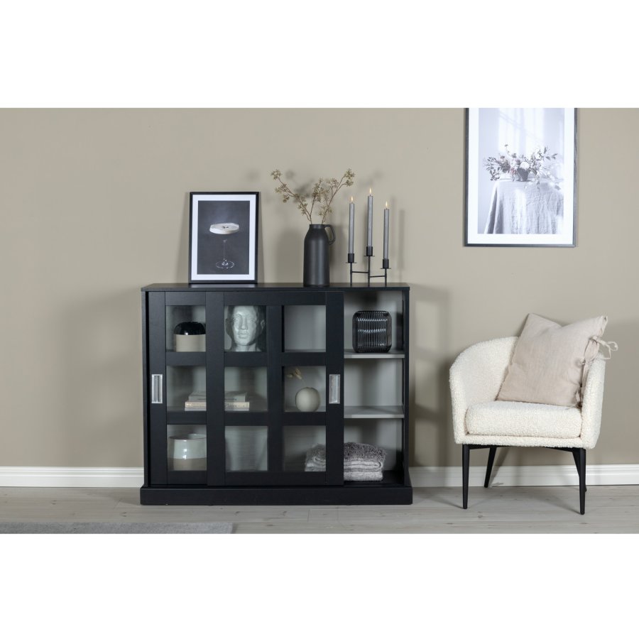 VENTURE DESIGN Ls Lav skjenk, m. 2 skyvedrer - glass, lys gr og svart MDF (120x40)