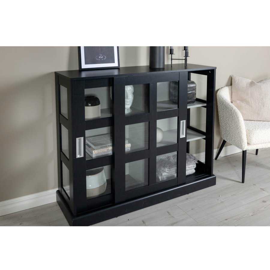 VENTURE DESIGN Ls Lav skjenk, m. 2 skyvedrer - glass, lys gr og svart MDF (120x40)