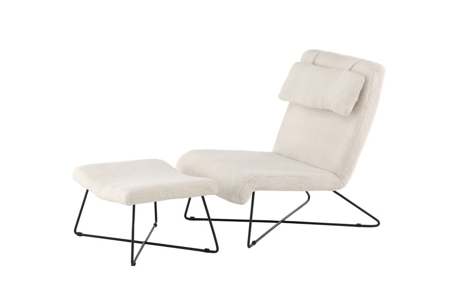 VENTURE DESIGN Laconia lenestol, med fotskammel - hvit teddystoff og matt sort stl