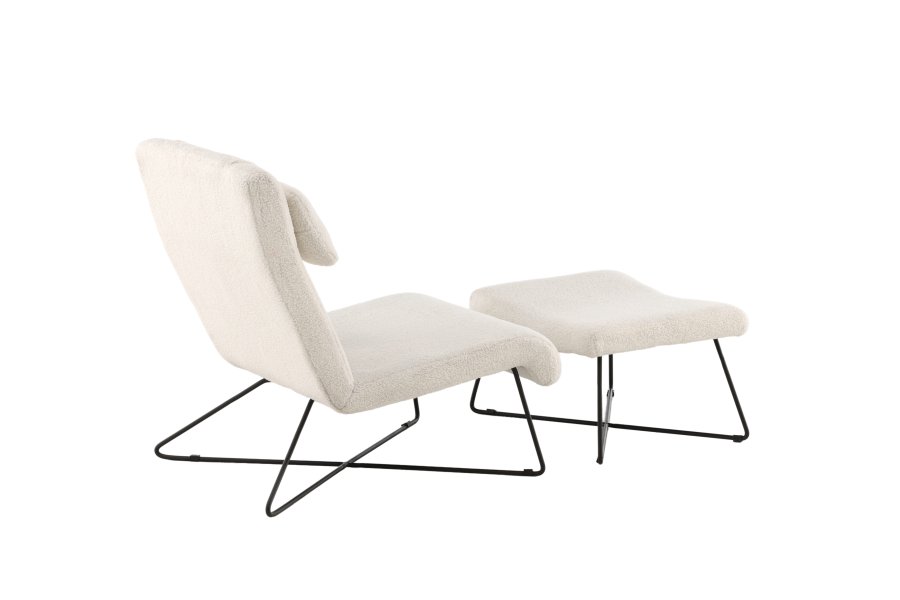 VENTURE DESIGN Laconia lenestol, med fotskammel - hvit teddystoff og matt sort stl