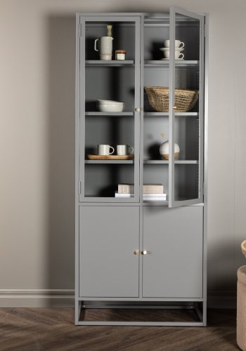 VENTURE DESIGN Bakal vitrineskap, m. 4 drer og 4 hyller - glass og lysegr stl (H:190)