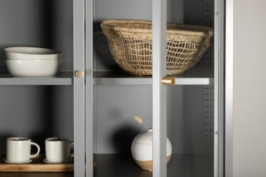 VENTURE DESIGN Bakal vitrineskap, m. 4 drer og 4 hyller - glass og lysegr stl (H:190)