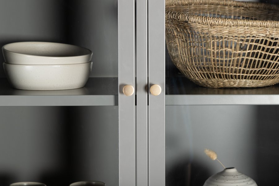 VENTURE DESIGN Bakal vitrineskap, m. 4 drer og 4 hyller - glass og lysegr stl (H:190)