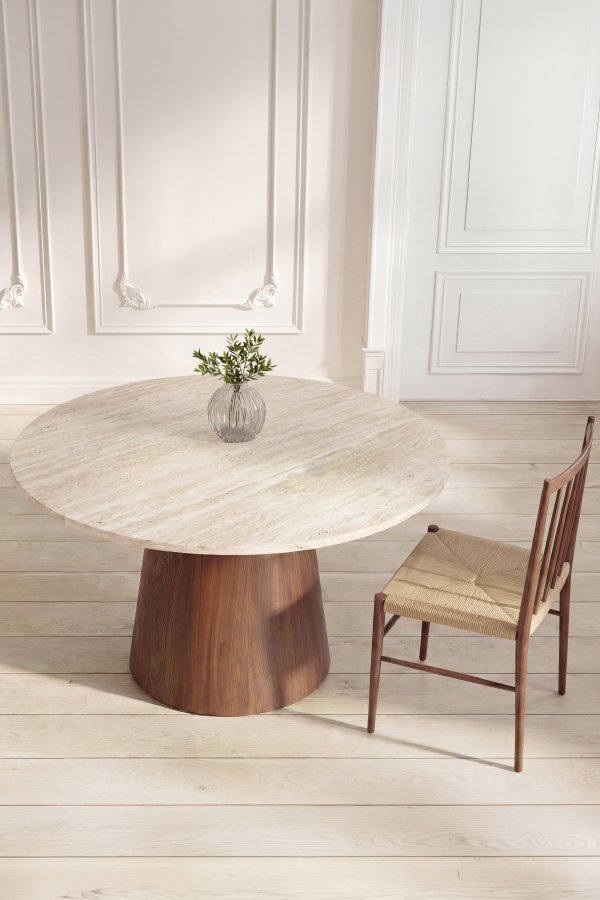 VENTURE HOME Lanzo spisebord, rund - travertinlook og mocca MDF med 3D-papir (�120)
