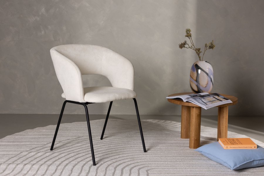 VENTURE DESIGN Day Esszimmerstuhl, mit Armlehnen – weißes Leinen und mattschwarzer Stahl