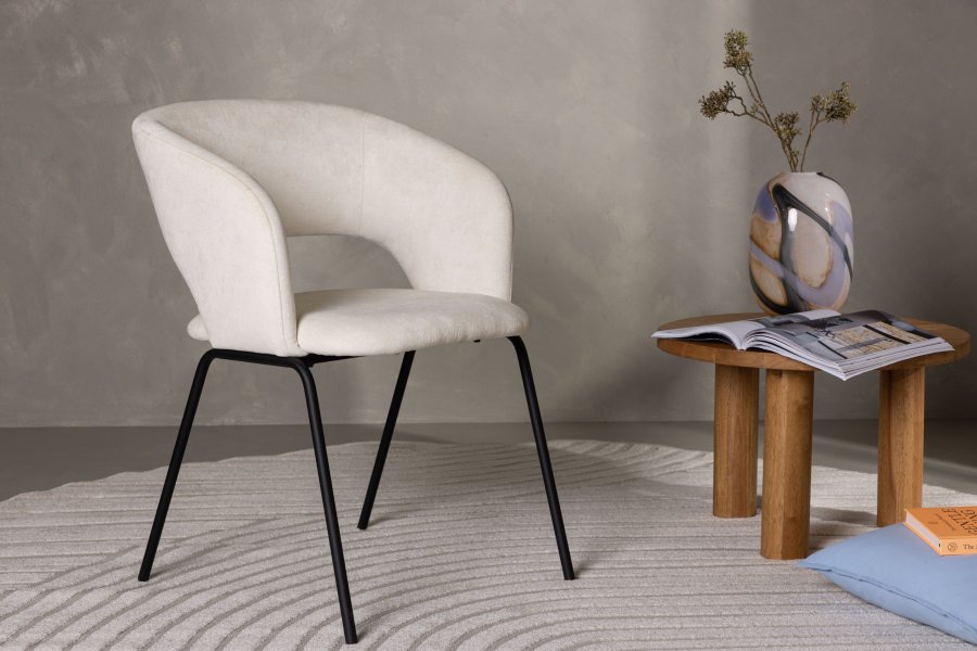 VENTURE DESIGN Day Esszimmerstuhl, mit Armlehnen – weißes Leinen und mattschwarzer Stahl